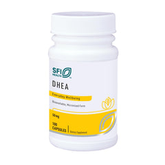 Klaire Labs DHEA 50 mg bottle showing hypoallergenic formula for daily use.
