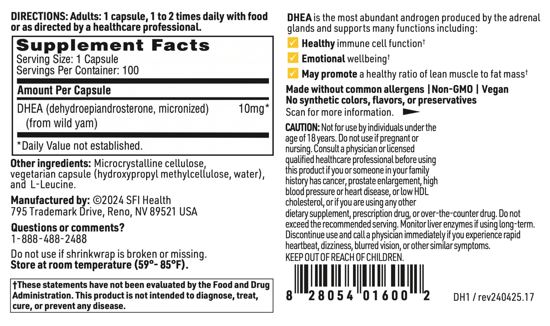 SFI Health Klaire Labs DHEA 50mg capsules close-up for strong dosing.