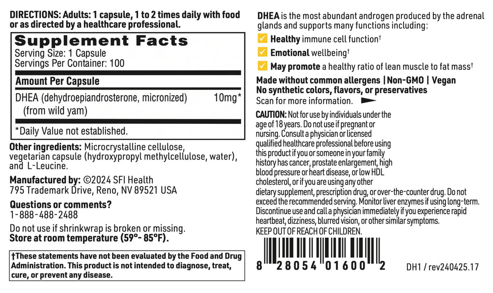 SFI Health Klaire Labs DHEA 50mg capsules close-up for strong dosing.