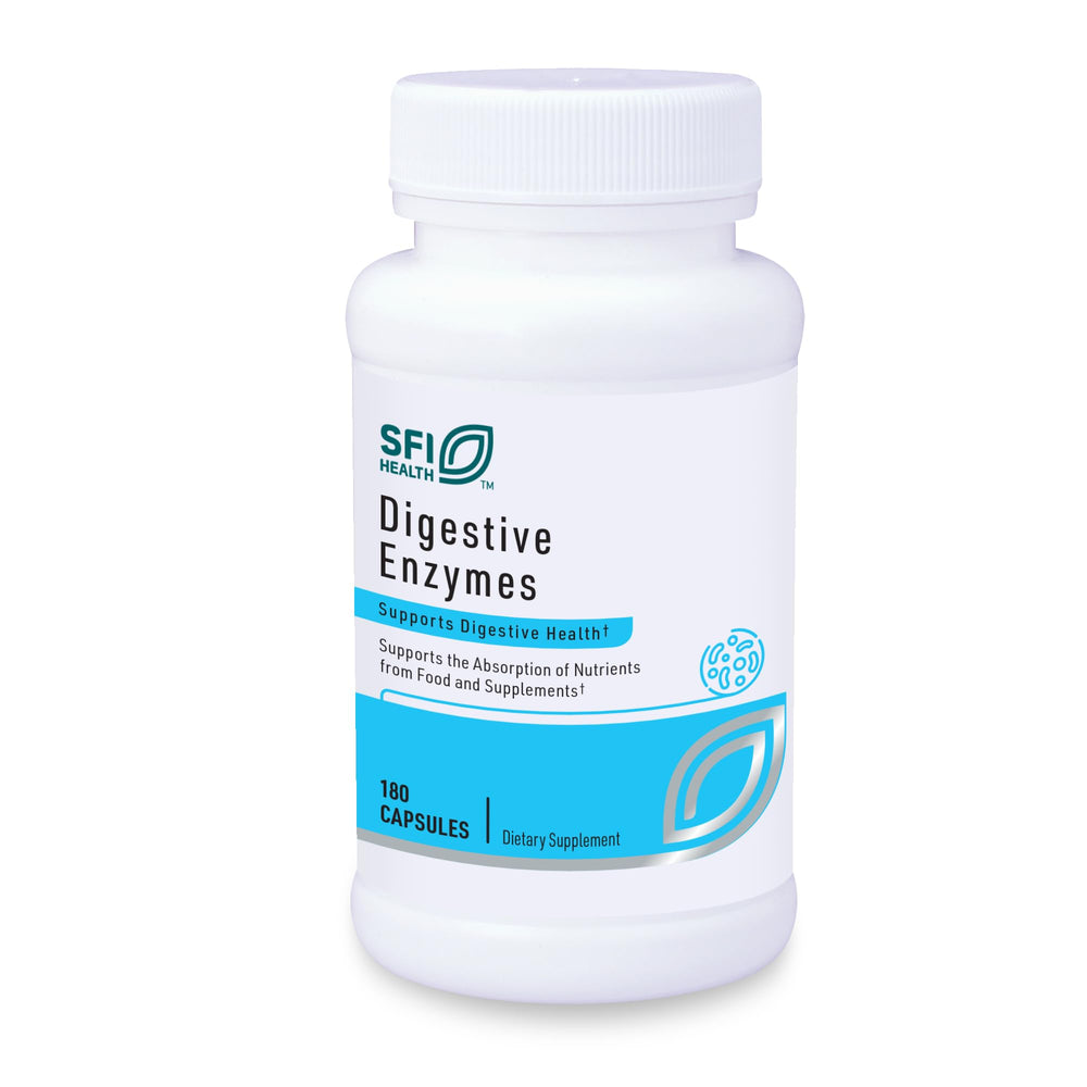 SFI Health Klaire Labs Digestive Enzymes bottle front supports digestion after meals