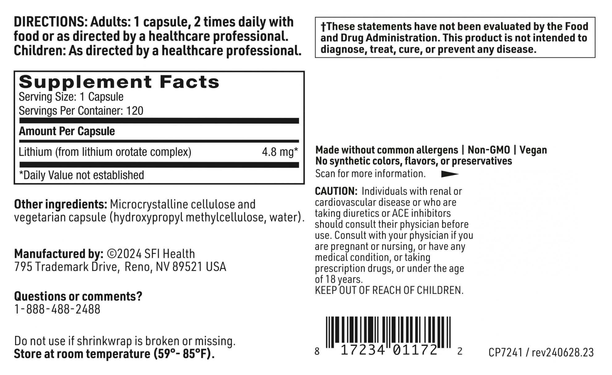 SFI Health Klaire Labs ingredient panel highlights lithium orotate content