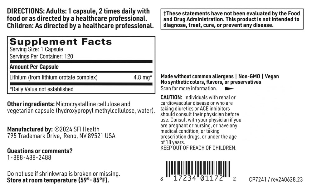 SFI Health Klaire Labs ingredient panel highlights lithium orotate content