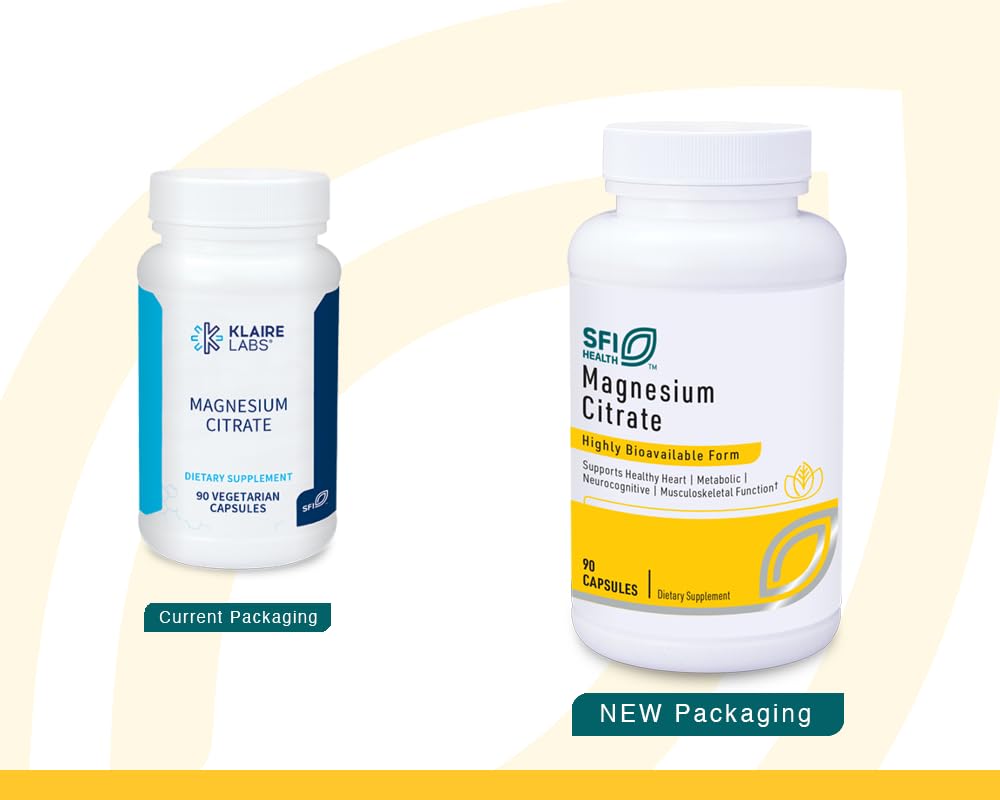SFI Health Klaire Labs bottle label shows high bioavailability magnesium citrate for brain and nerves.