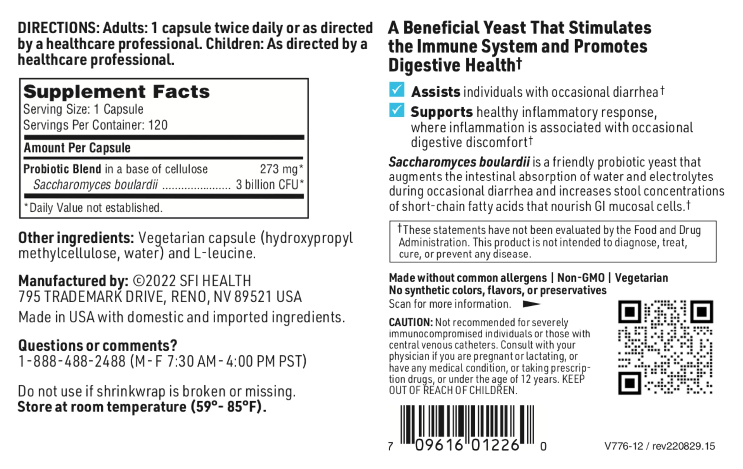 SFI Health Klaire Labs Saccharomyces Boulardii label details emphasize potency and care.