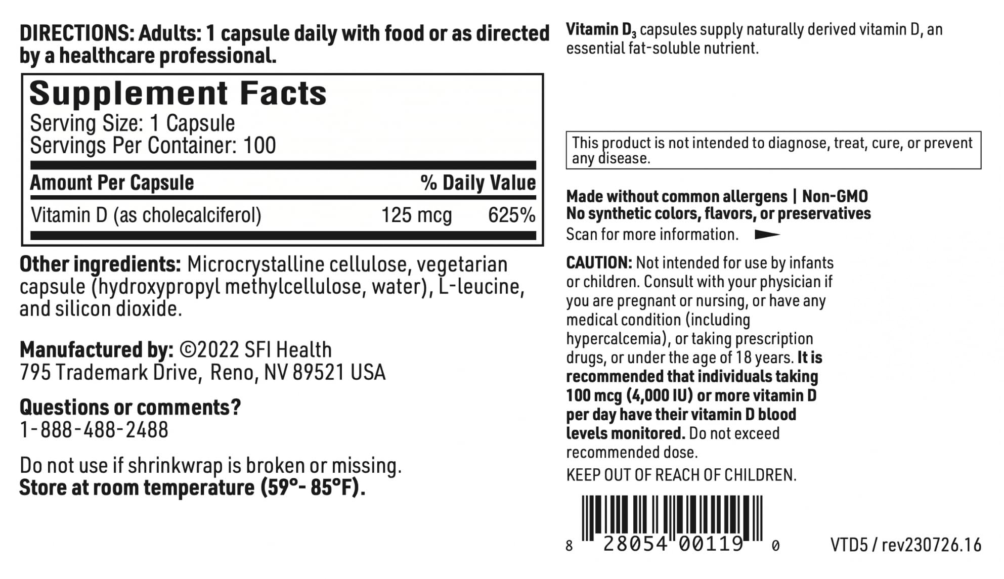 SFI Health Klaire Labs Vitamin D3 5000 IU detail label shows ingredient clarity