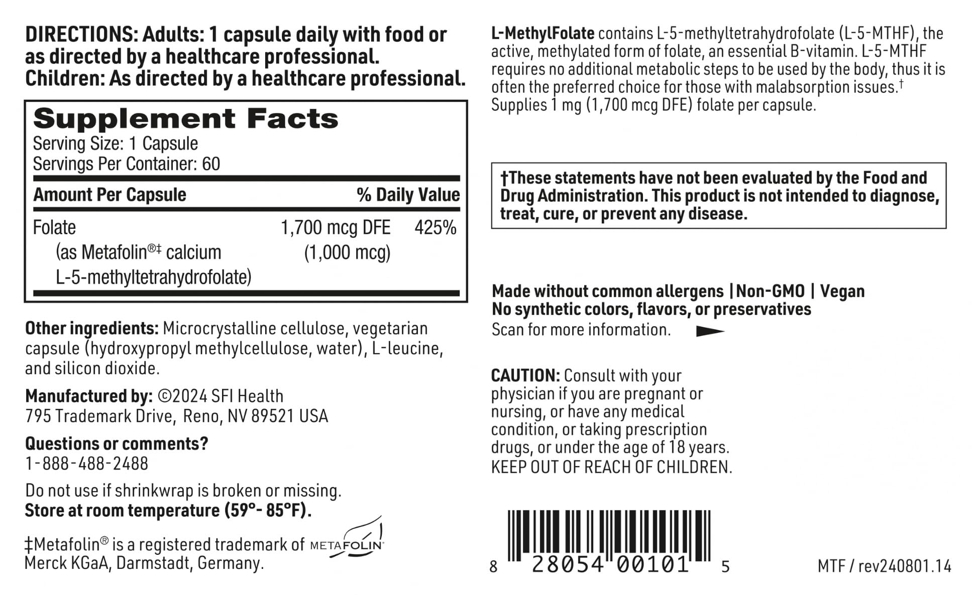 SFI Health L-Methylfolate ingredient panel highlights non-GMO hypoallergenic features