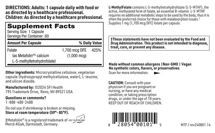 SFI Health L-Methylfolate ingredient panel highlights non-GMO hypoallergenic features