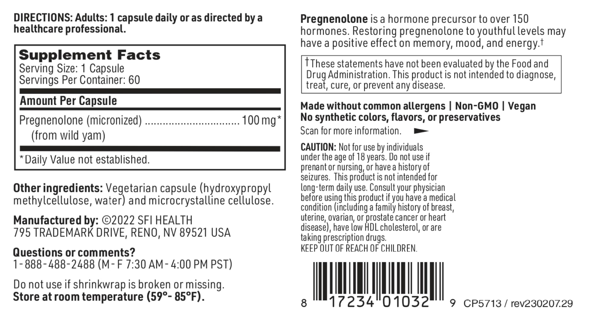 SFI Health Pregnenolone ingredients list shows absence of artificial additives