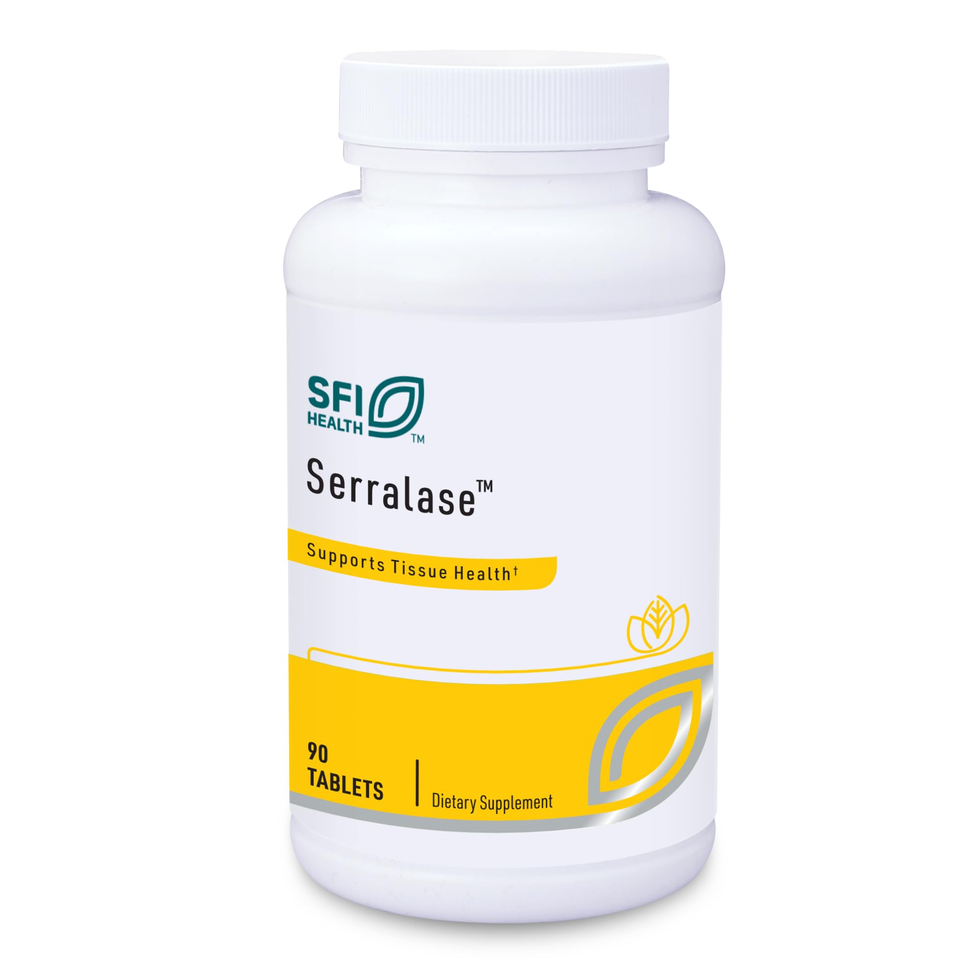 SFI Health Serralase bottle front shows enteric-coated tablets designed for sensitive digestion.