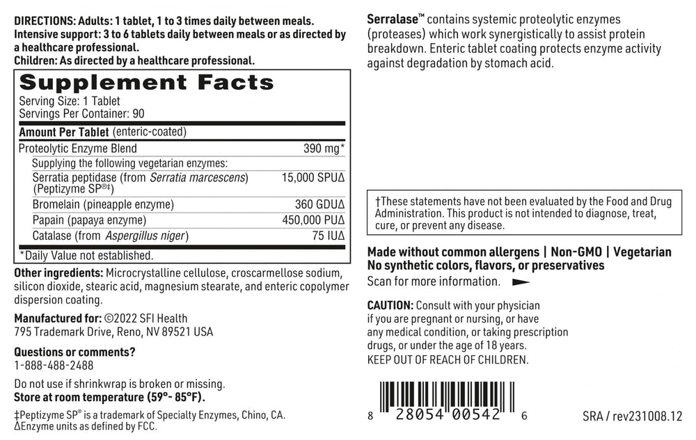 SFI Health Serralase ingredients from papaya and pineapple sources highlighted.