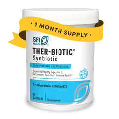 SFI Health Ther-Biotic Synbiotic bottle front with capsules for daily gut health.