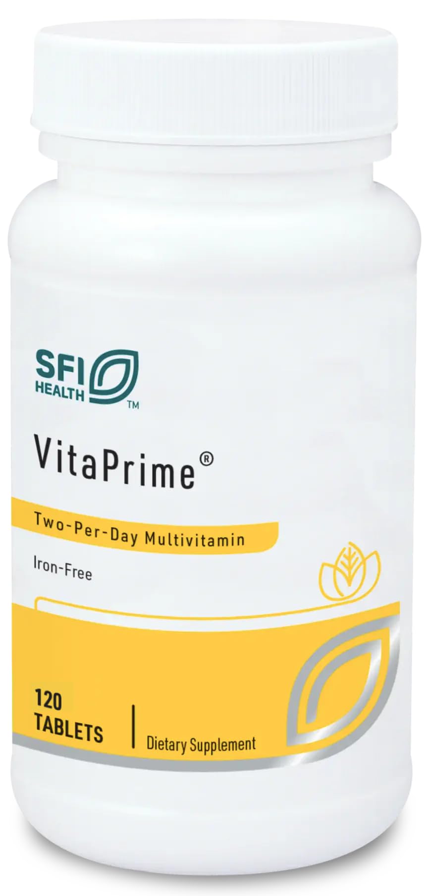 SFI Health VitaPrime bottle highlights iron-free multivitamin for daily wellness.
