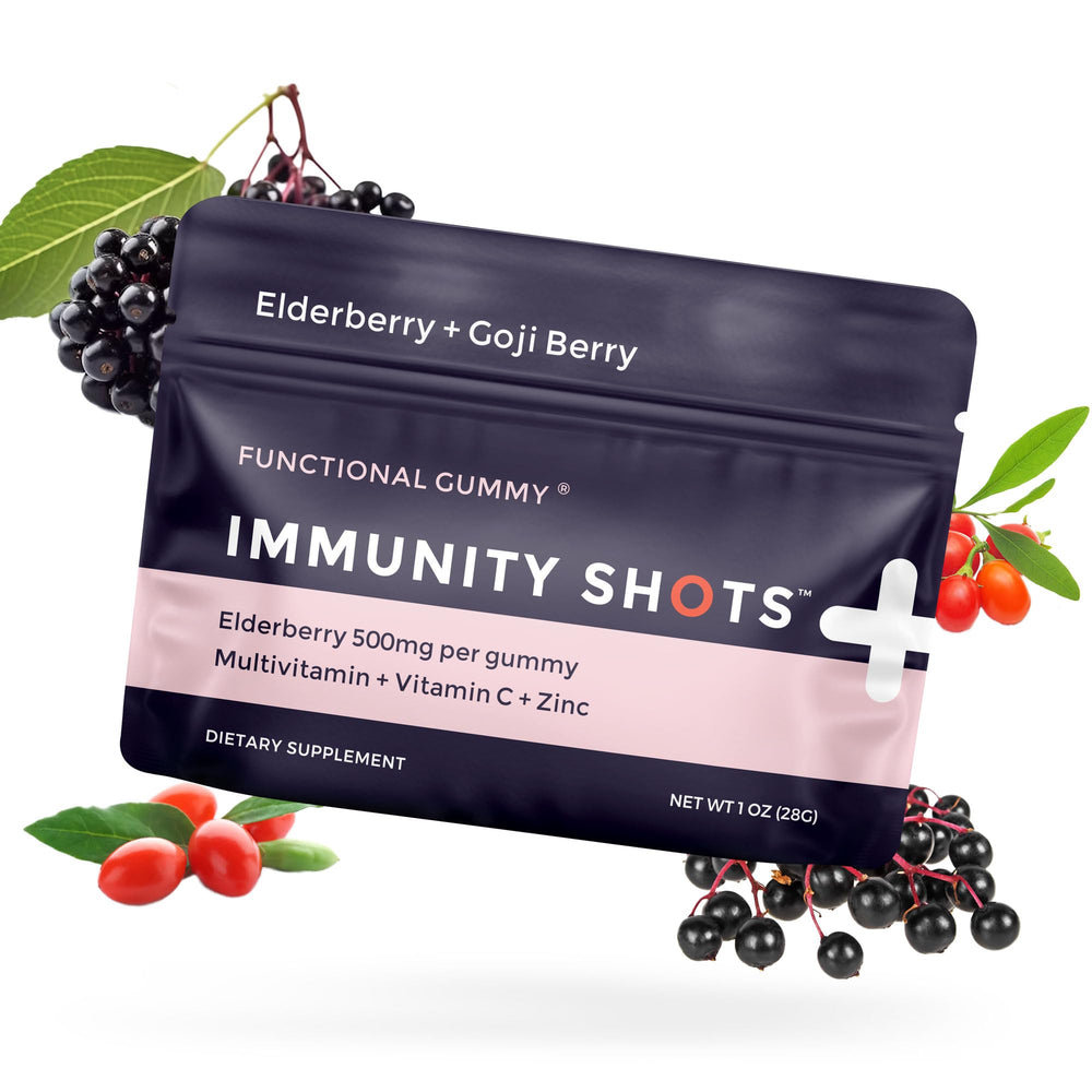 SGC Immunity Shots elderberry-goji bottle front, highlighting vegan gummies for daily immune support.