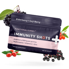 SGC Immunity Shots elderberry-goji bottle front, highlighting vegan gummies for daily immune support.