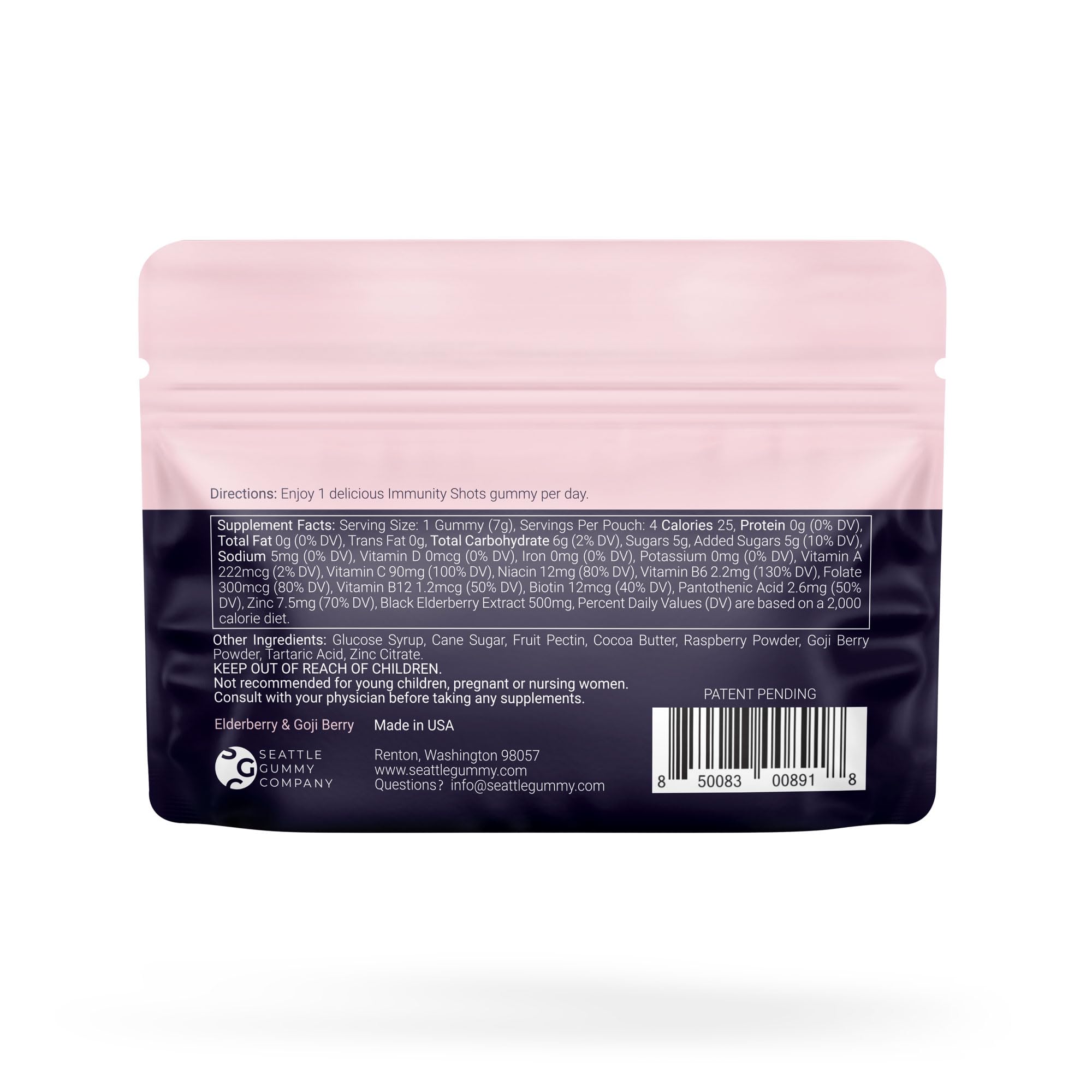 SGC Immunity Shots label closeup showing elderberry and goji berry ingredients for daily wellness.