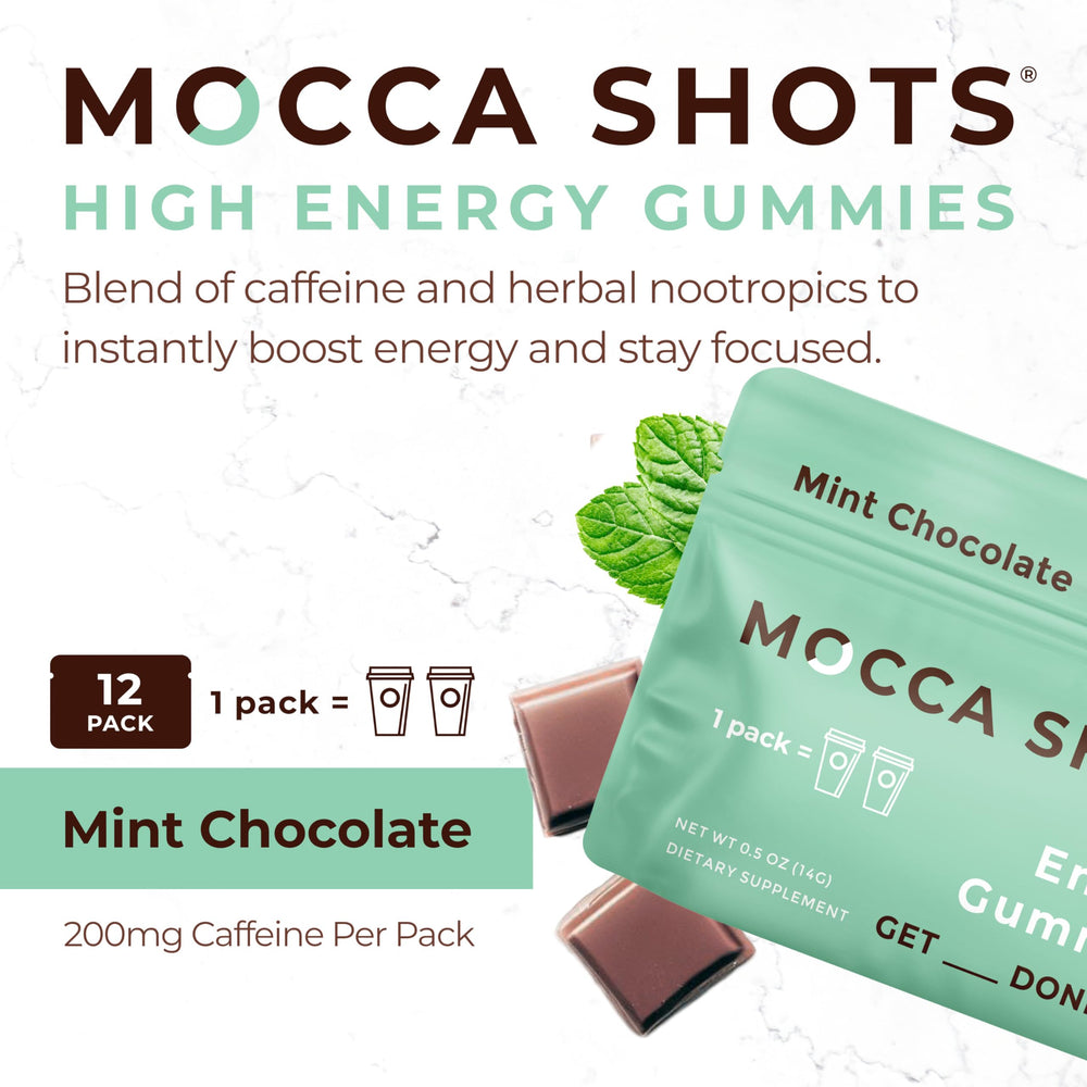 SGC Mocca Shots two gummies, quick energy per serving for busy mornings.