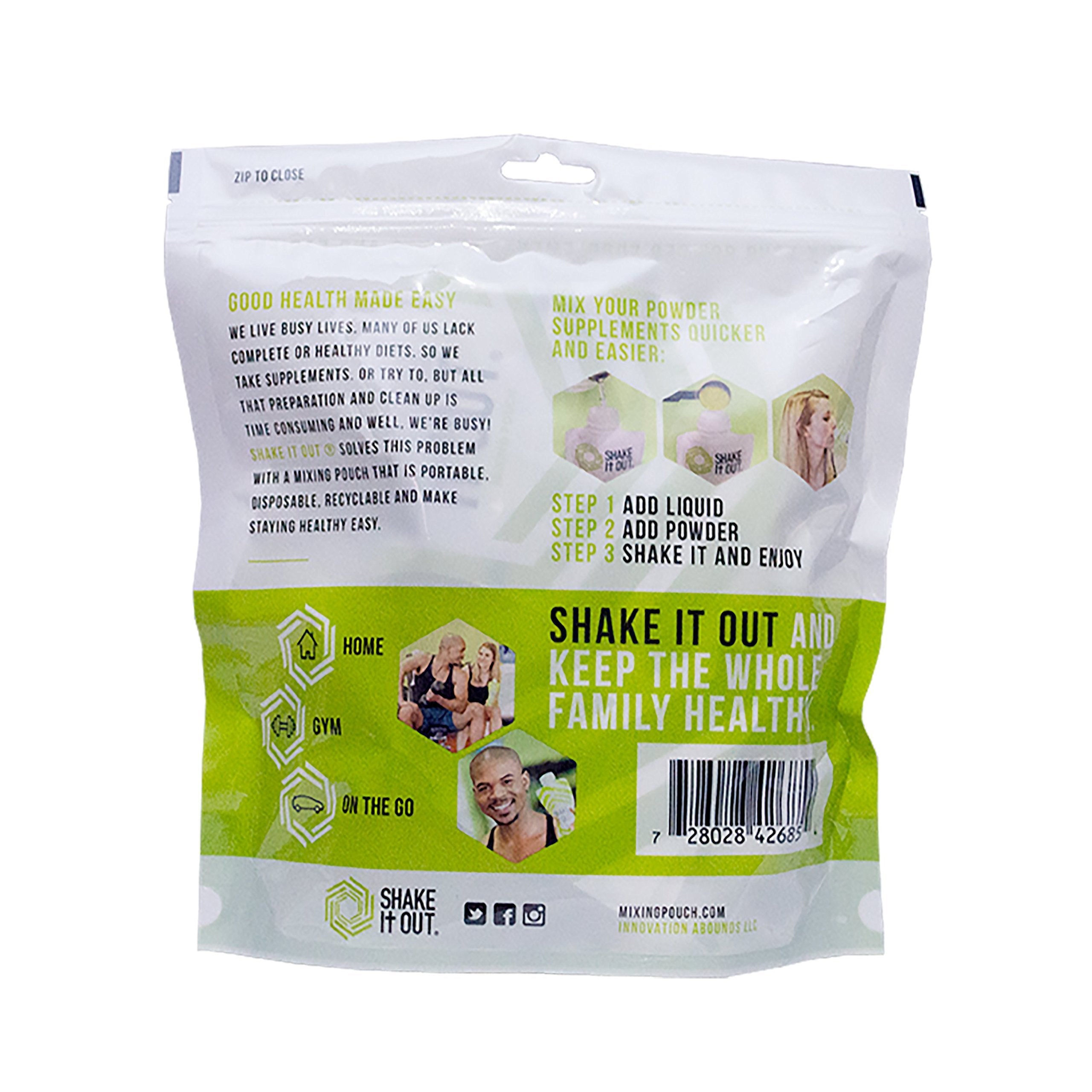 Shake It Out 12oz BPA-free shaker enables fast powder dissolution.