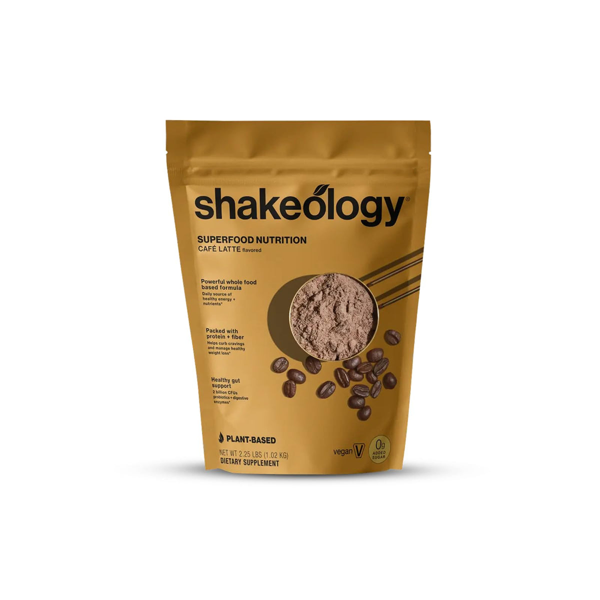 Shakeology Cafe Latte tub front shows plant-based protein and 0g added sugar.