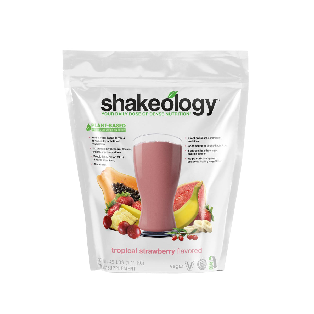 Shakeology Tropical Strawberry bag: protein shake for meal replacement and cravings control.