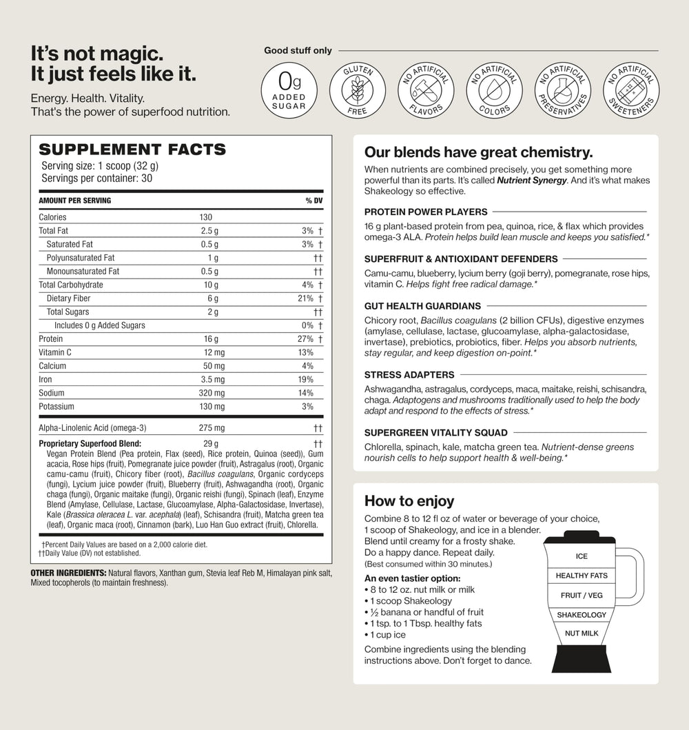 Shakeology vanilla scoop into glass emphasizes easy, crave-curbing protein for post-workout recovery.