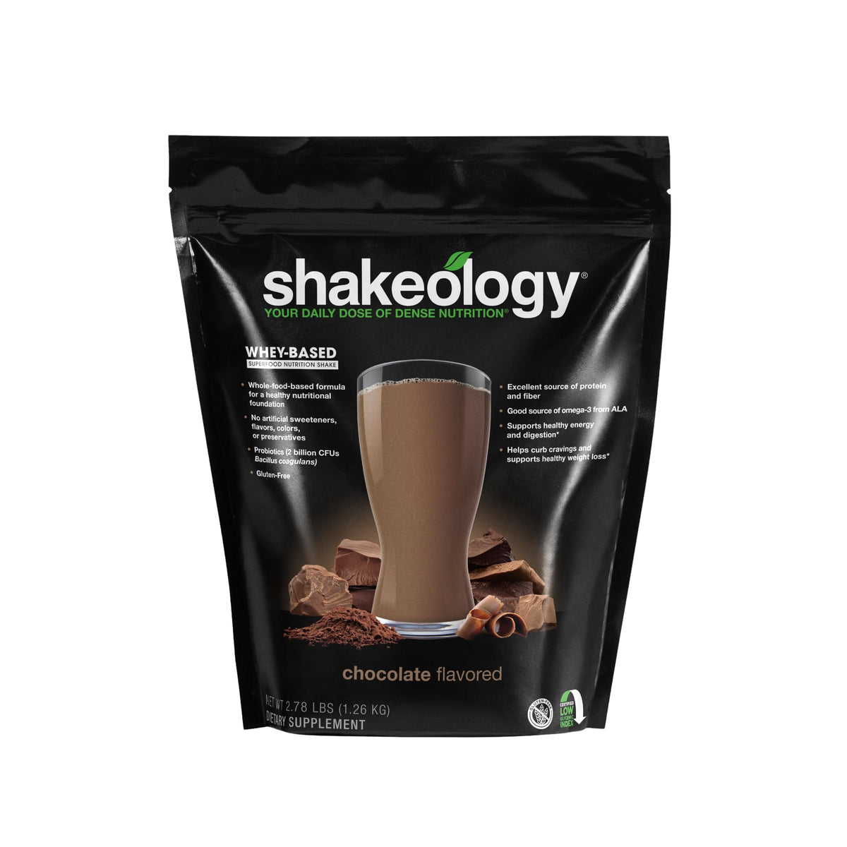 Shakeology chocolate powder close-up highlighting premium whey blend for a satisfying shake
