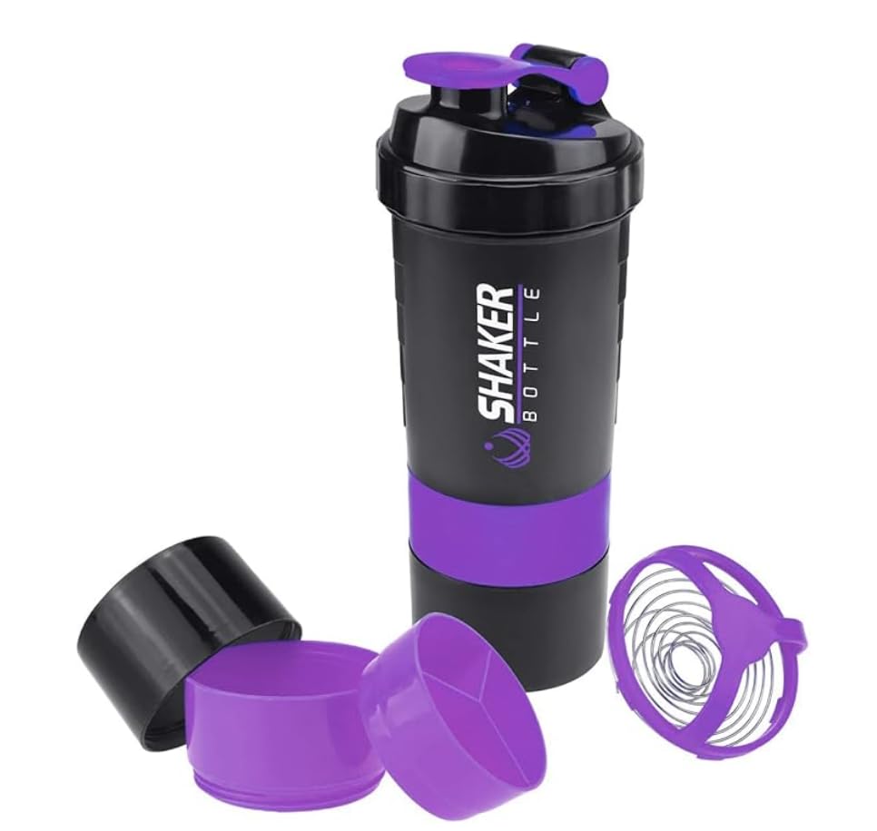 Shaker bottle ergonomic grip and wide mouth for easy filling and cleaning.