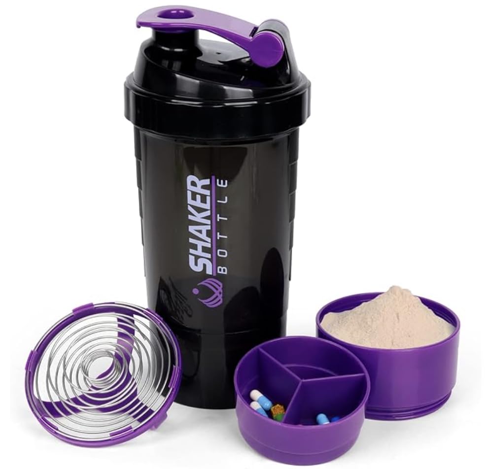 Shaker bottle with mixing ball and leak-proof lid for smooth shakes.