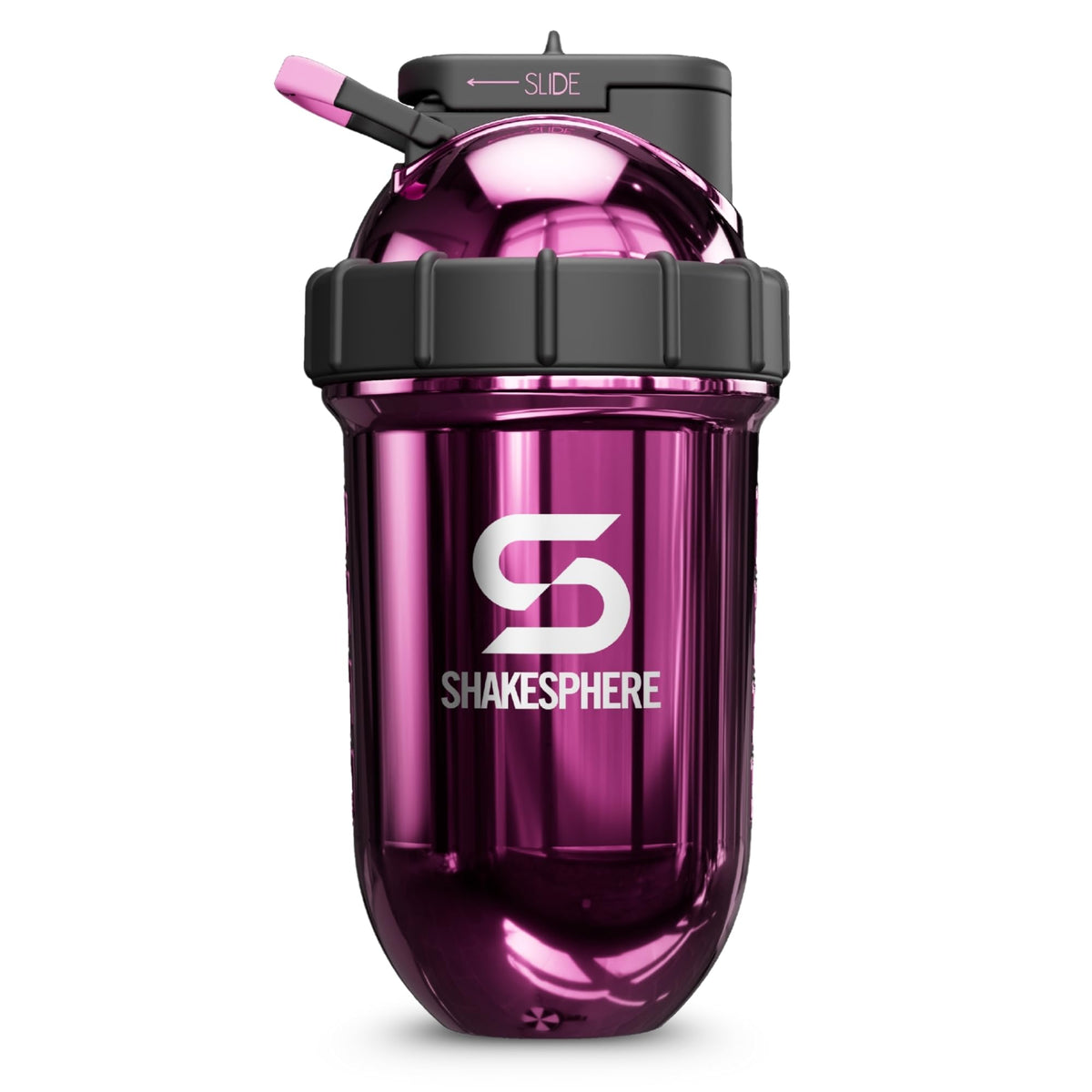 SHAKESPHERE 24oz insulated pink shaker bottle keeps drinks cold longer.