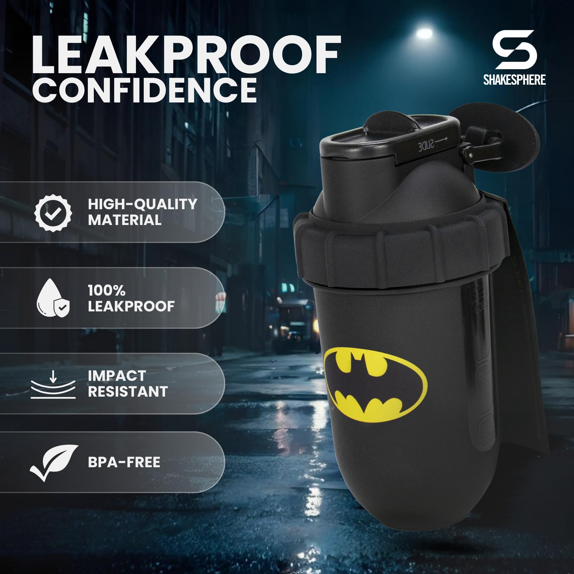 SHAKESPHERE Batman Edition yellow Bat logo enhances collector appeal for fans.