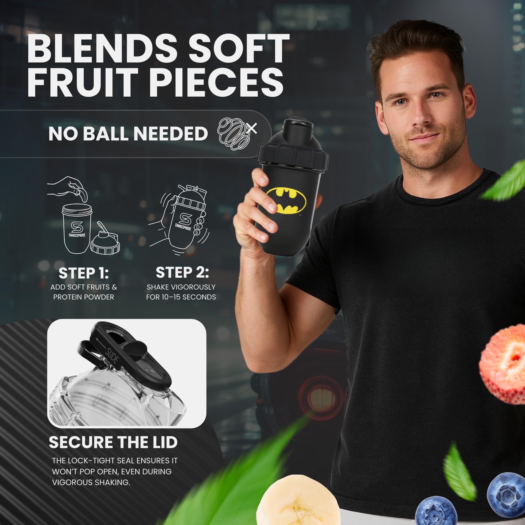 SHAKESPHERE Batman Edition double-wall insulation keeps beverages cold up to 12h or hot up to 8h.