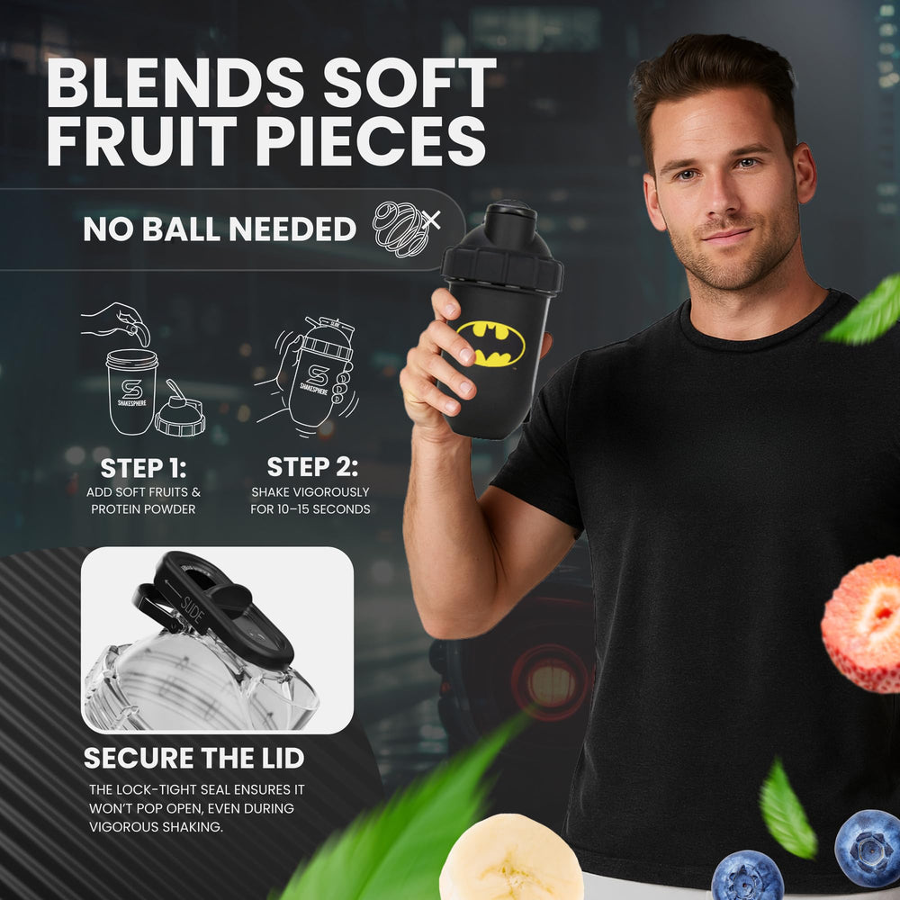 SHAKESPHERE Batman Edition double-wall insulation keeps beverages cold up to 12h or hot up to 8h.