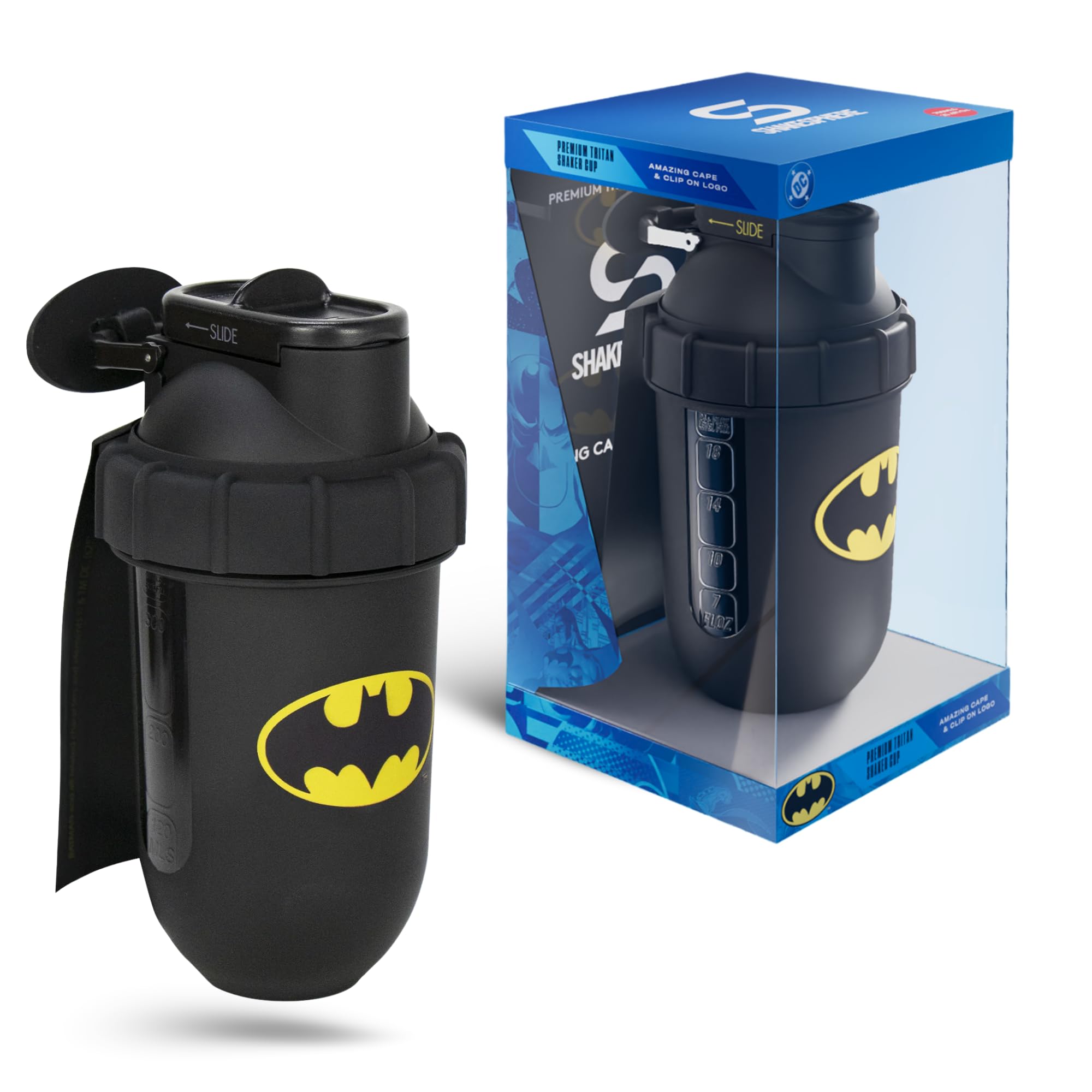 SHAKESPHERE Batman Edition front view bottle with matte black finish and cape, ideal for the gym.