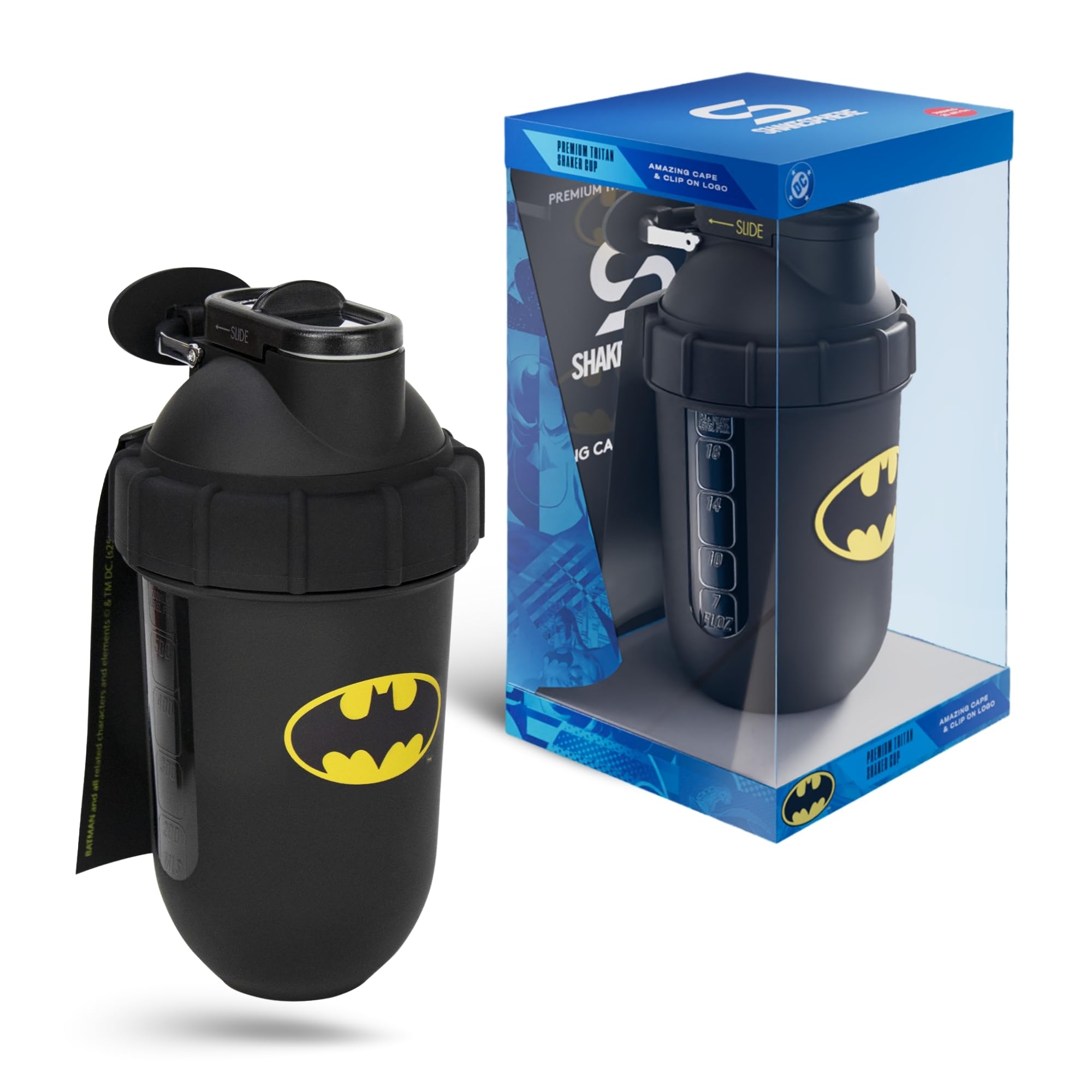 SHAKESPHERE Batman Edition Shaker 700ml with embossed bat emblem for smooth mixes on the go.