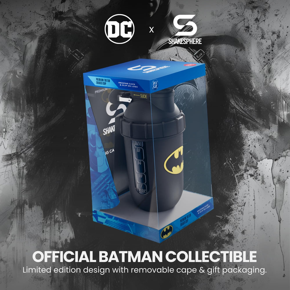 SHAKESPHERE Batman 700ml shaker on display with limited edition design for storage.