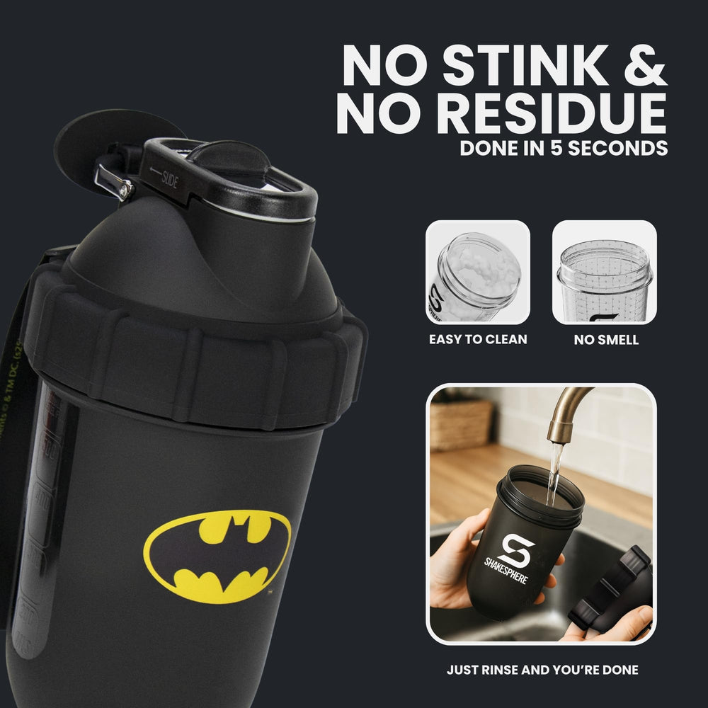 SHAKESPHERE Detachable cape and bat-emblem clip add collectible charm to the shaker.