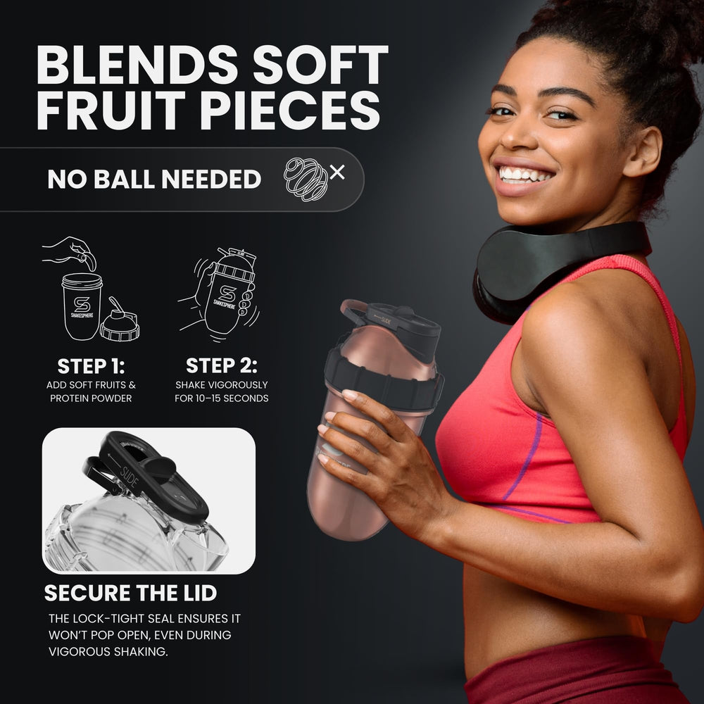 SHAKESPHERE no-mixer-ball design blends smoothly for quick prep.