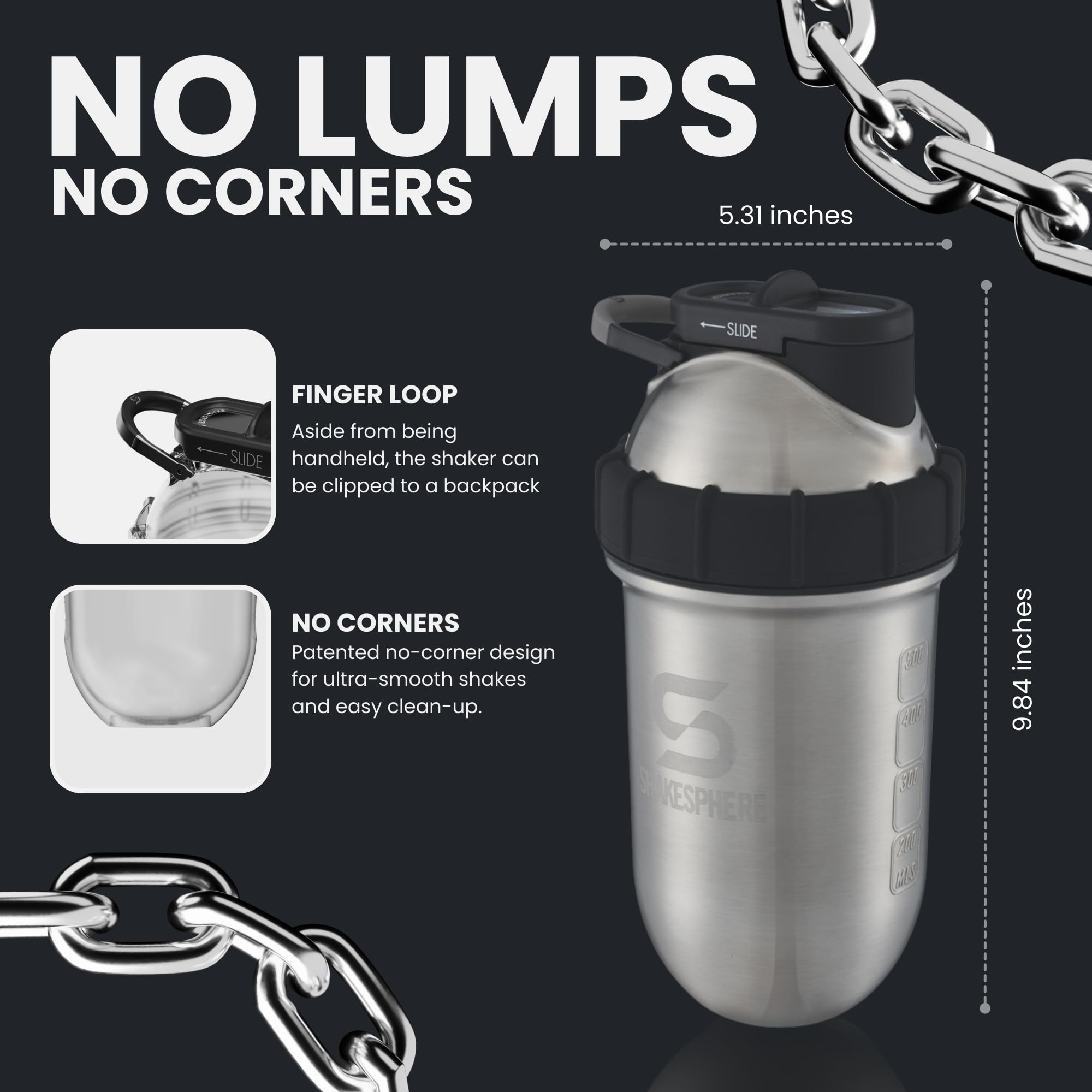 SHAKESPHERE leak-proof screw-on lid prevents spills in bags and cars