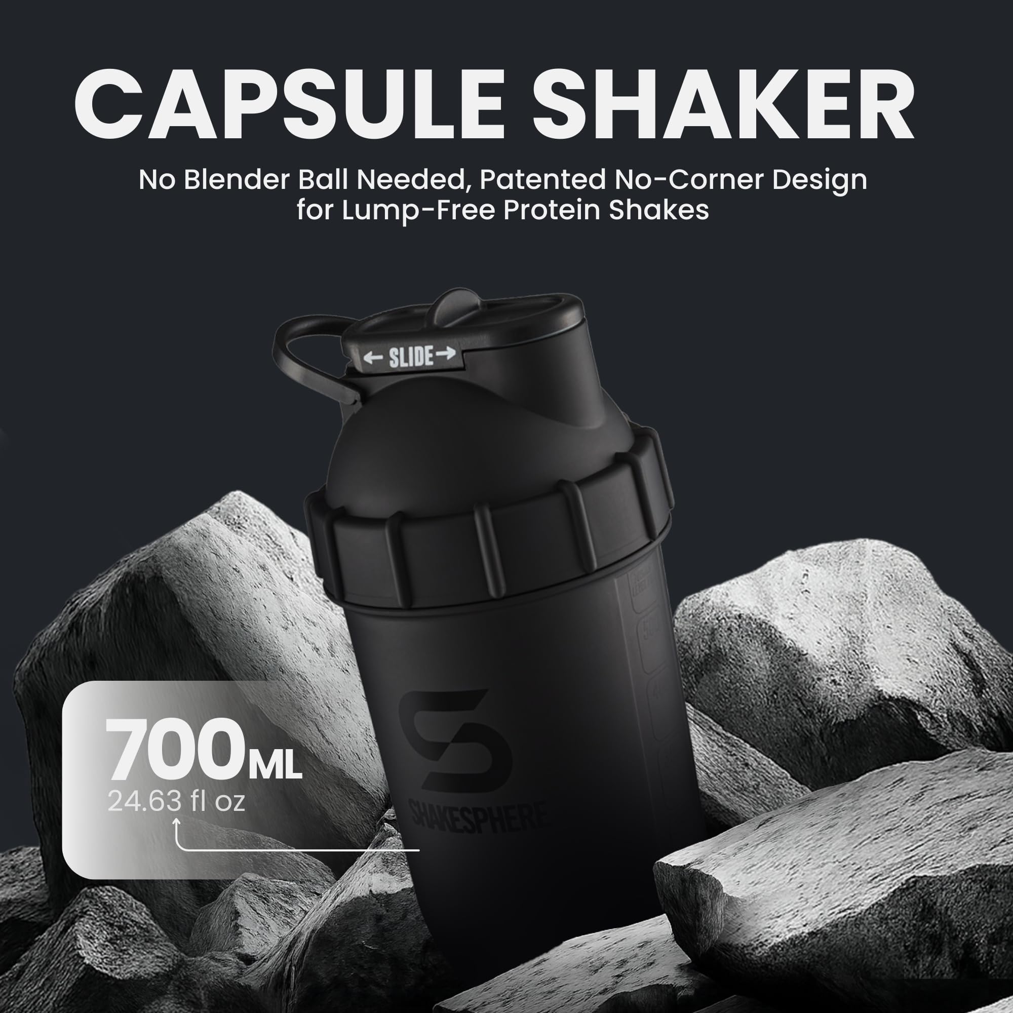 SHAKESPHERE no-clumps system delivers smooth blends in seconds after mixing.