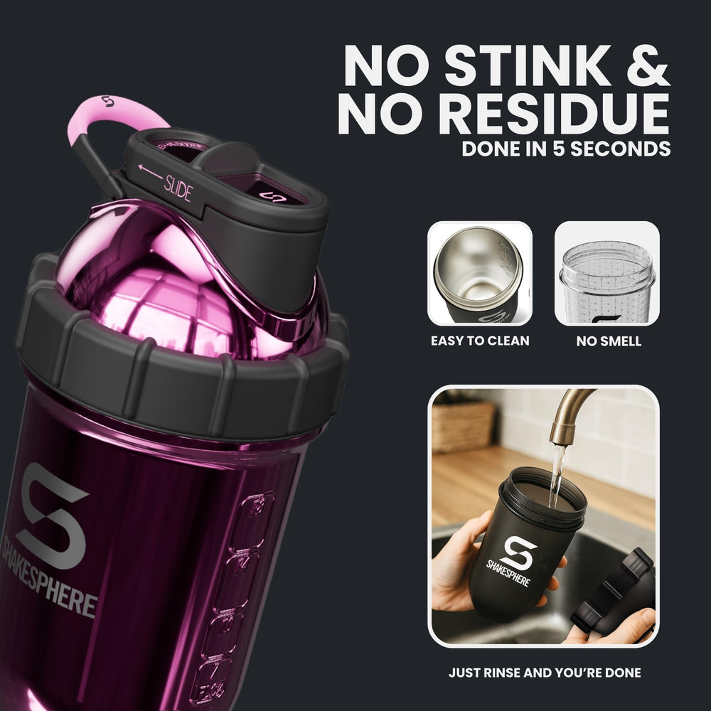 SHAKESPHERE protein shake bottle without ball for easy cleaning.