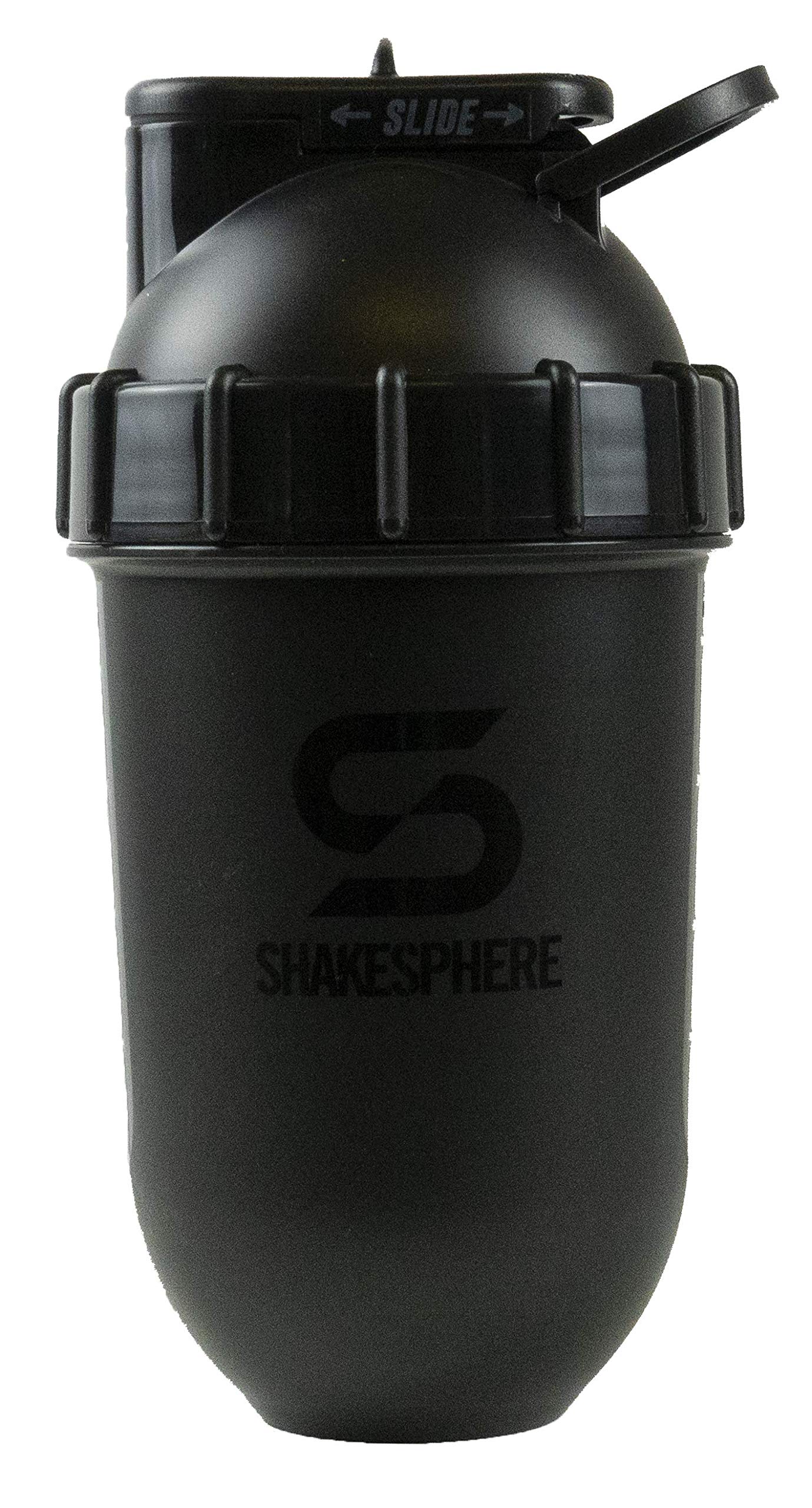 SHAKESPHERE shaker bottle with glossy black cap showing leak-proof design for gym shakes.