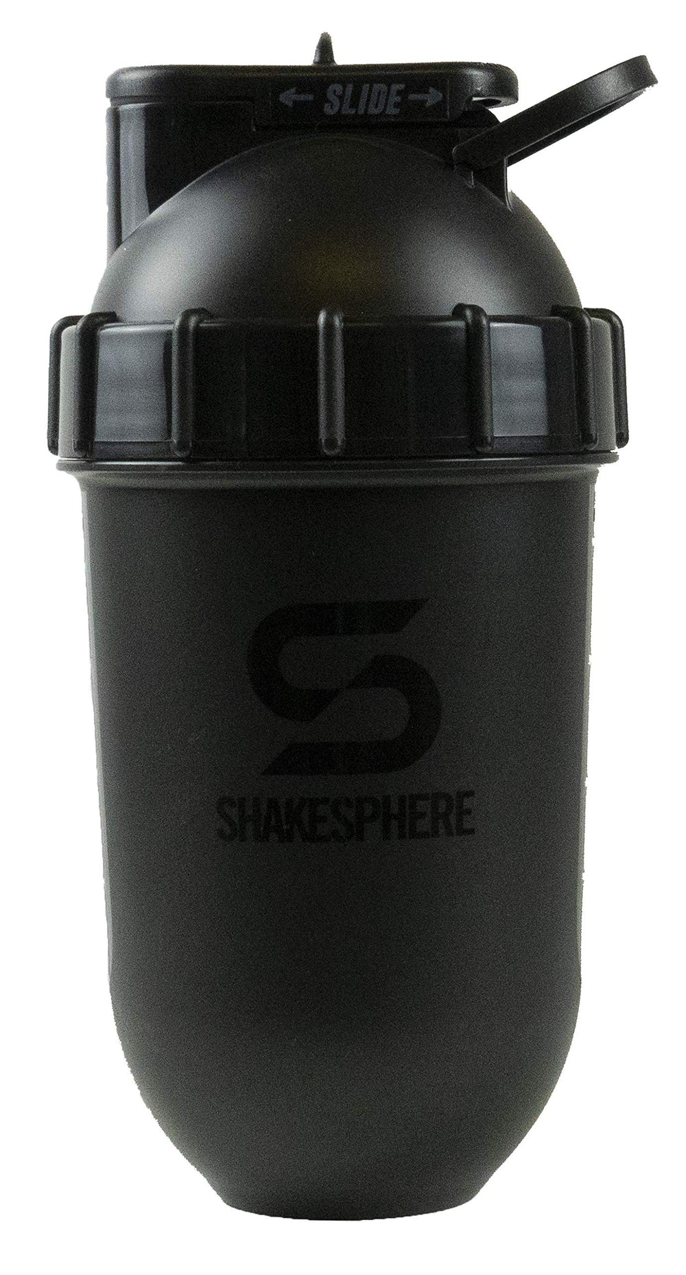 SHAKESPHERE shaker bottle with glossy black cap showing leak-proof design for gym shakes.