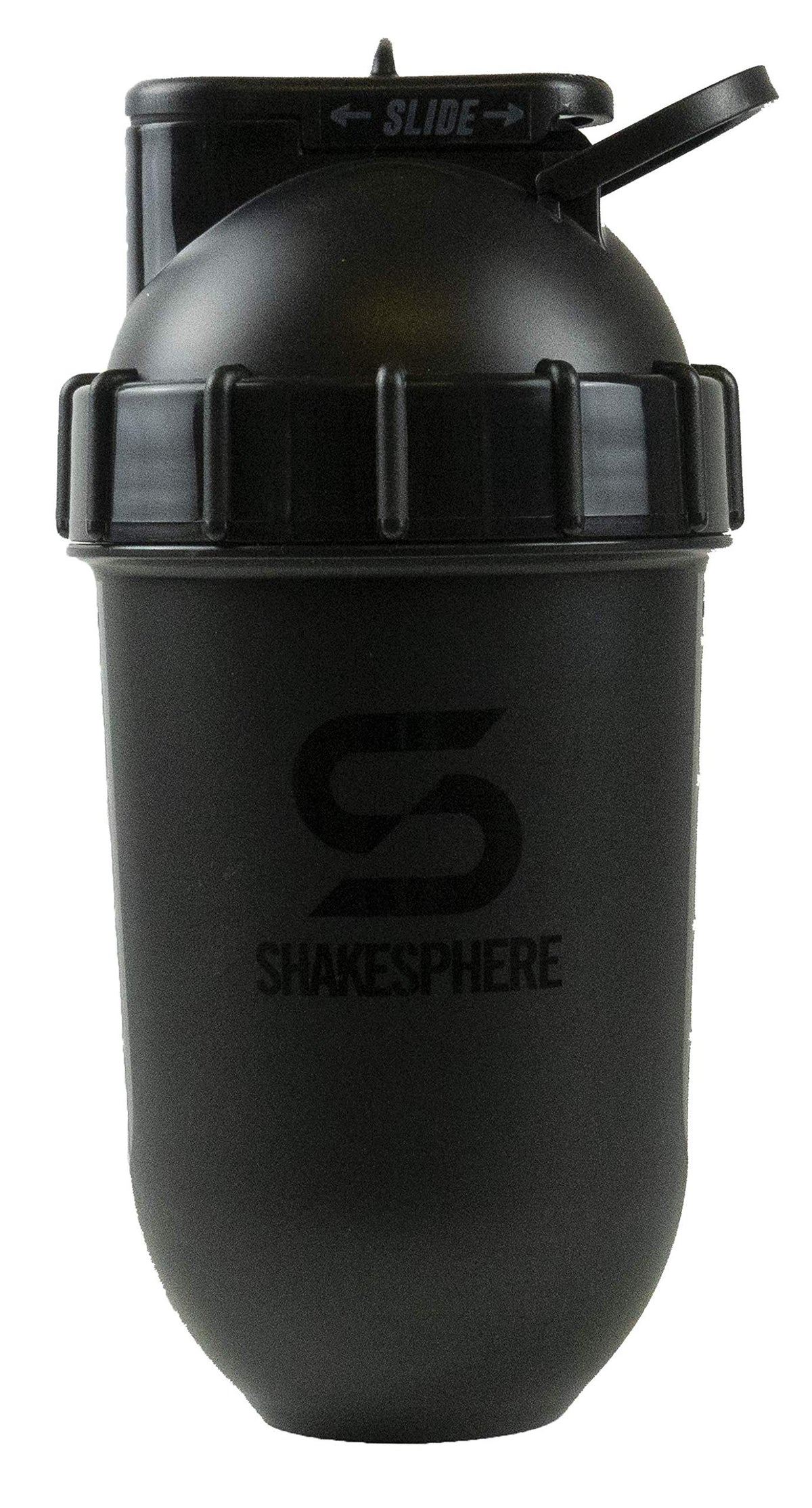 SHAKESPHERE shaker bottle with glossy black cap showing leak-proof design for gym shakes.