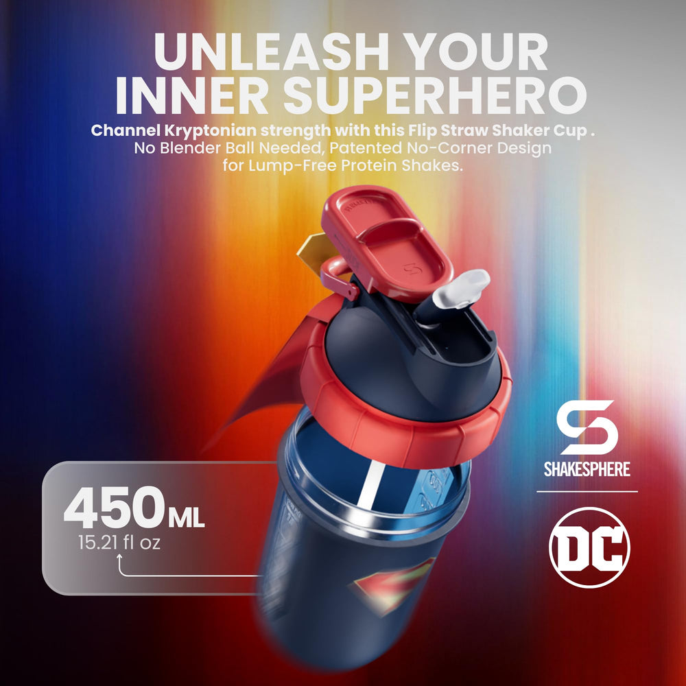 SHAKESPHERE Superman Edition bottle cap with flip straw for quick sipping during workouts