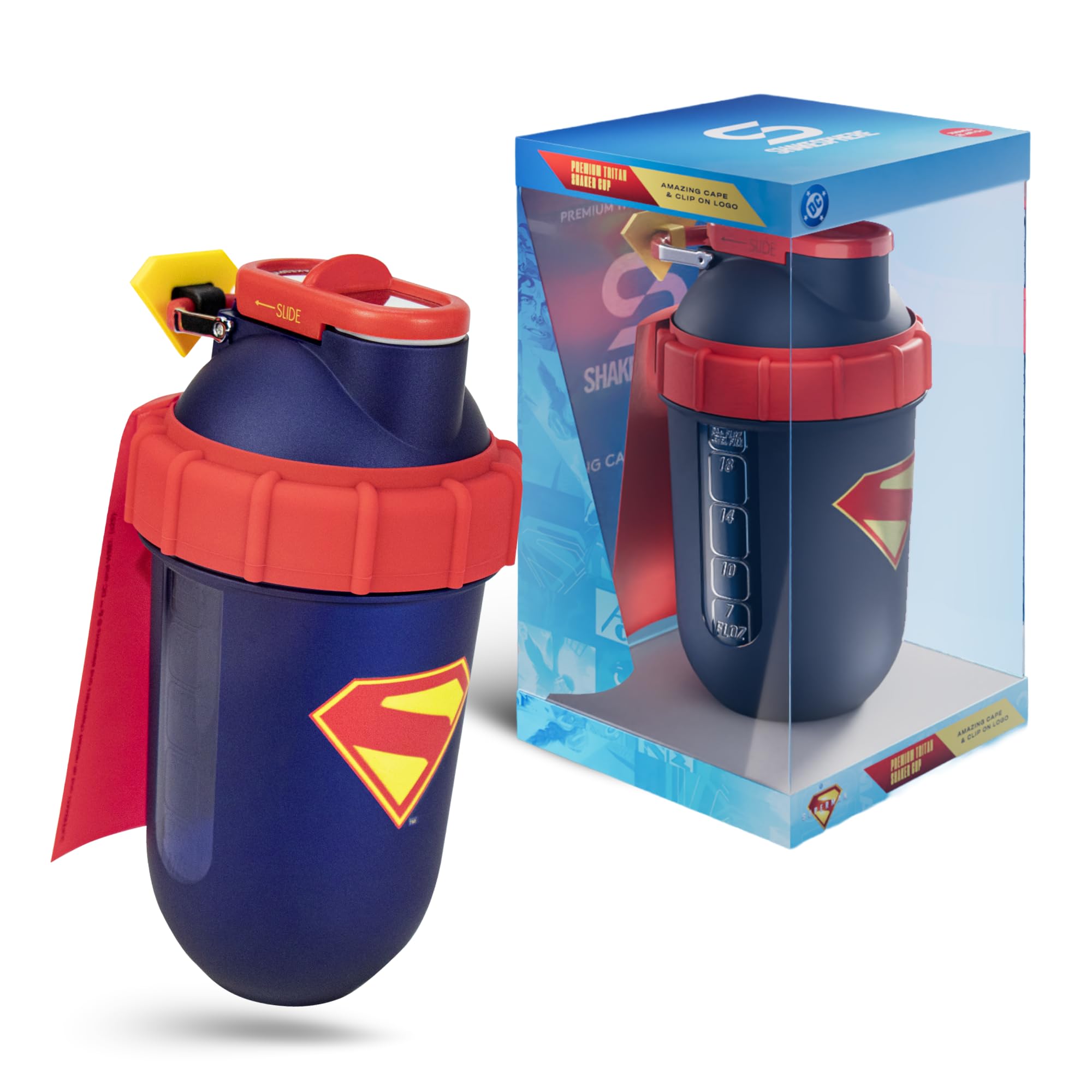 SHAKESPHERE Superman Edition bottle front view with collector’s charm for gym use