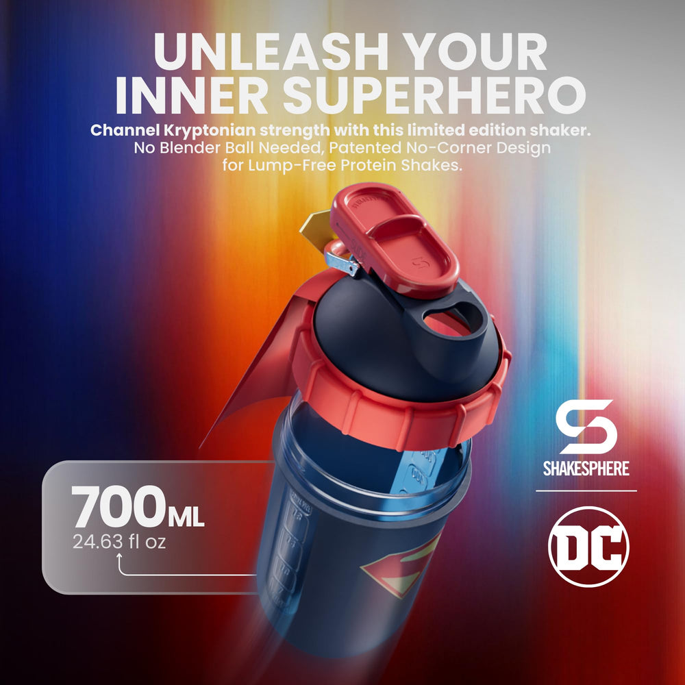 SHAKESPHERE Superman Edition bottle side view highlighting double-wall insulation for cold drinks