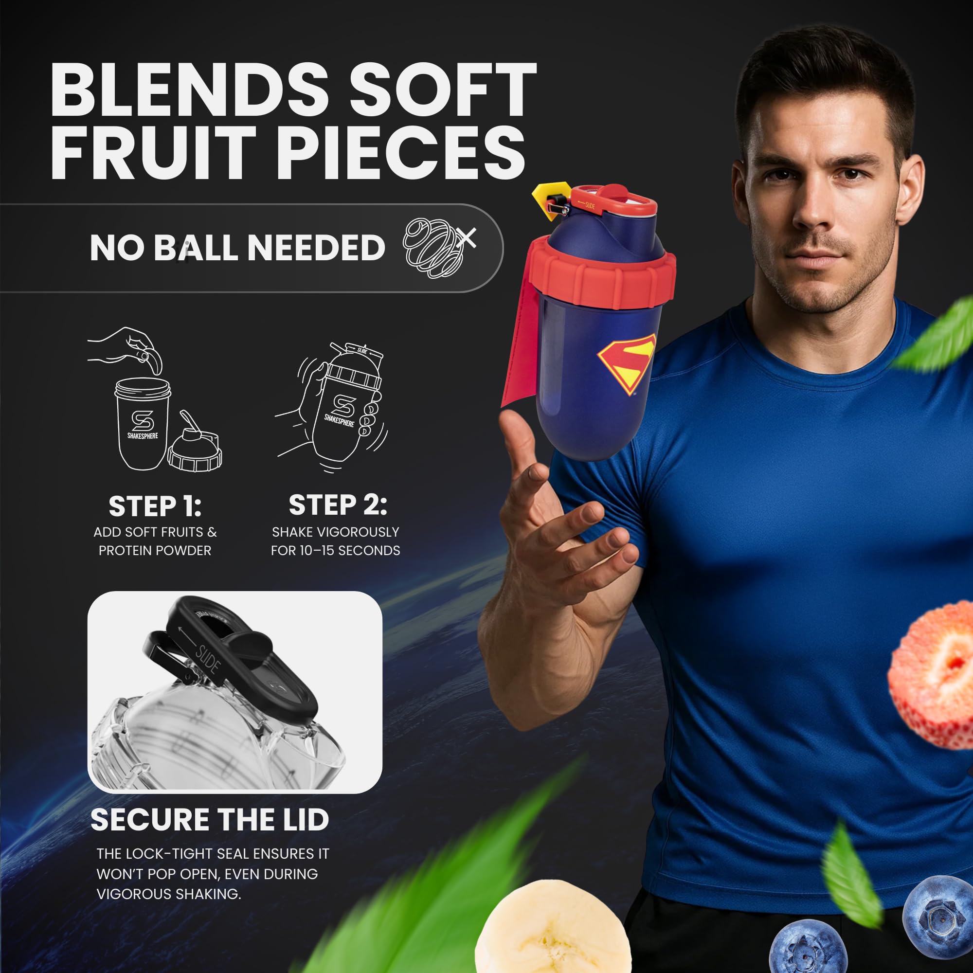 SHAKESPHERE Superman Edition slide cap detail for spill-free travel