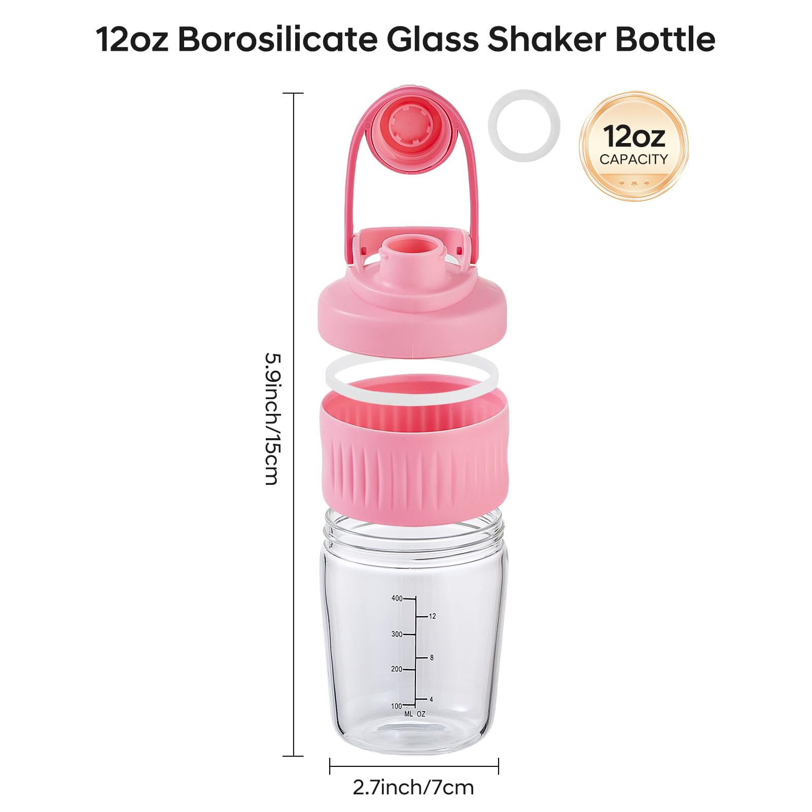 ShakeXpert 12oz glass shaker bottle with stainless steel blending ball for smooth mixing