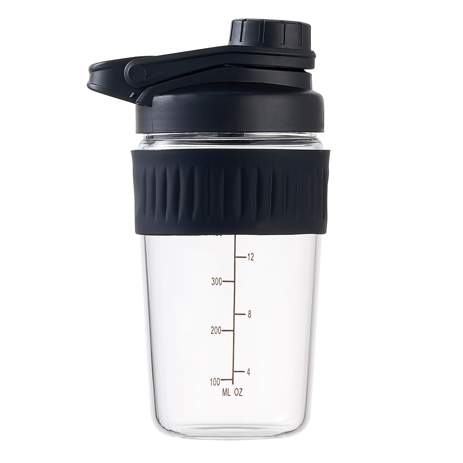 ShakeXpert 16oz glass shaker cap close-up showing spill-proof lid for gym use.