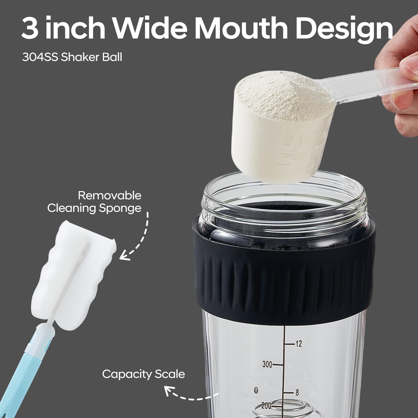 ShakeXpert ergonomic handle glass shaker ready for on-the-go workouts.