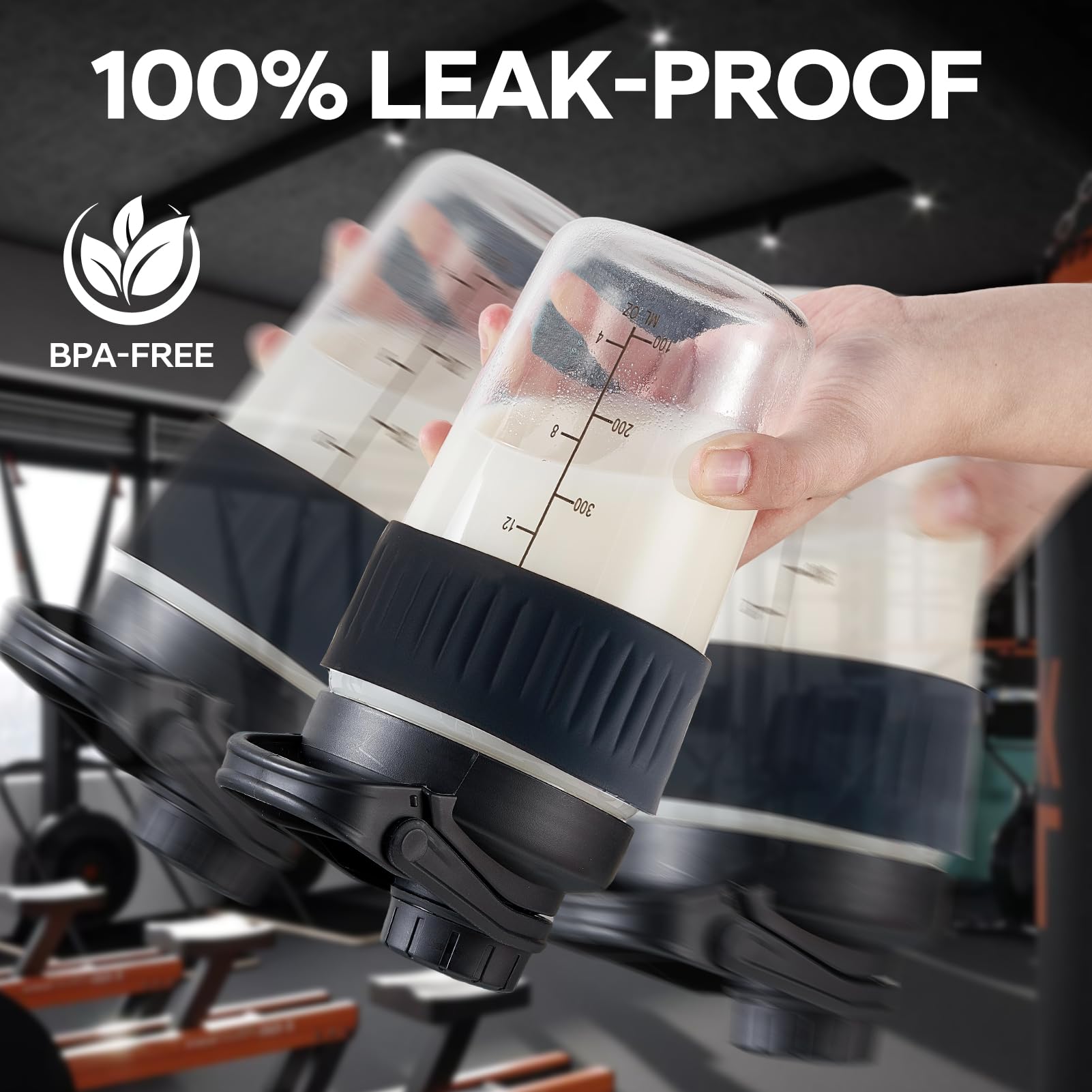 ShakeXpert spill-proof cap on glass shaker prevents leaks during shaking.